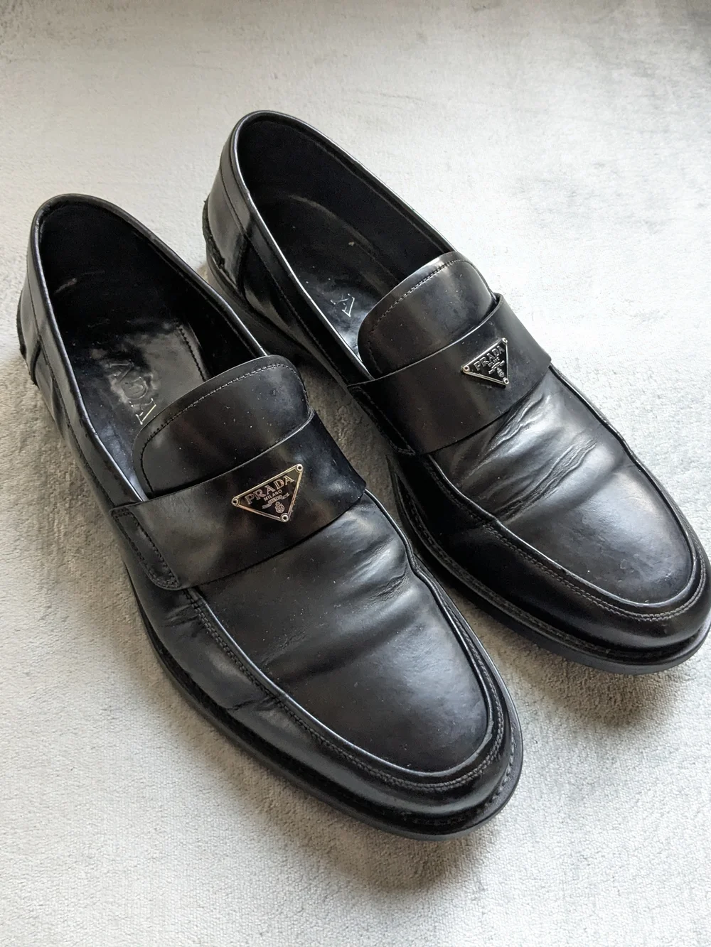 Prada Black Leather Penny Loafers for Men US 11.5 Triangle Logo Slip Ons